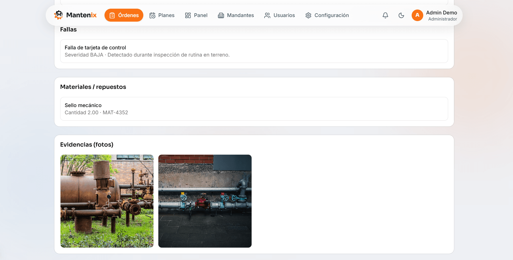 Detalle de una orden de trabajo con actividades, evidencias y cierre