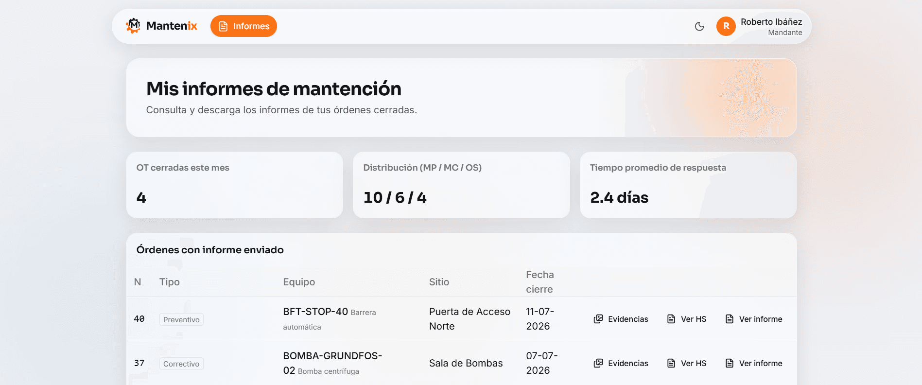 Portal del mandante con sus órdenes cerradas e indicadores